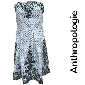 Anthropologie Moulinette Souer Blue and White Strapless Dress with Black Emb